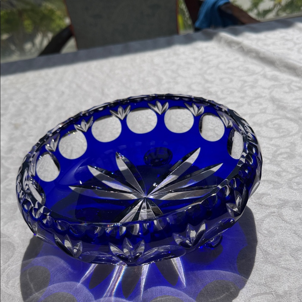 Vintage Cobalt Blue Cut Glass Decorative Bowl - Home Art 8” width , 3” tall - Picture 3 of 13